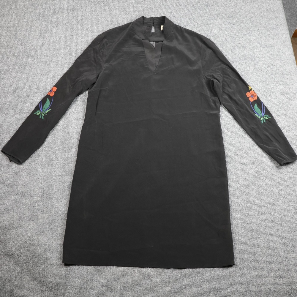 Baldwin Dress Womens Large Black Silk Shift Mock Neck Floral Embroidered Sleeves
